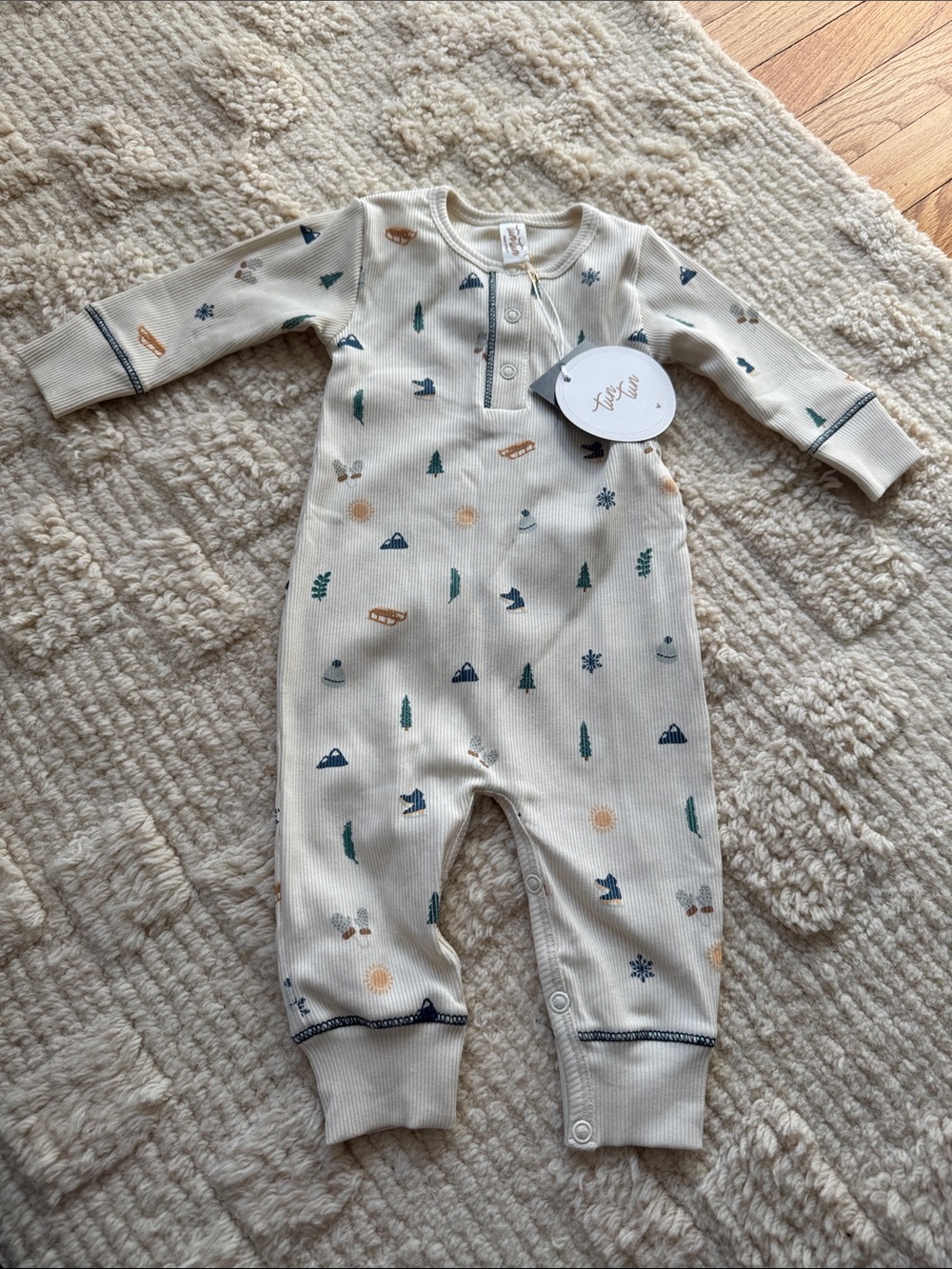 Cream Ribbed Baby One-Piece with Winter-Themed Print